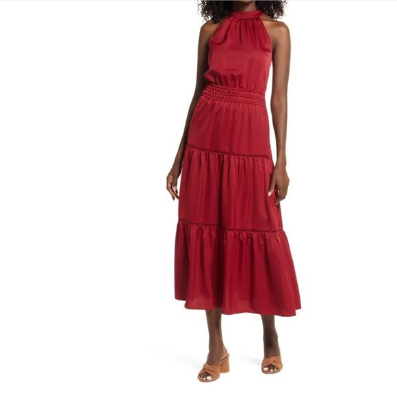 Lost + Wander Fleur Tiered Halter Maxi Dress - Deep Red - Large - Picture 1 of 10